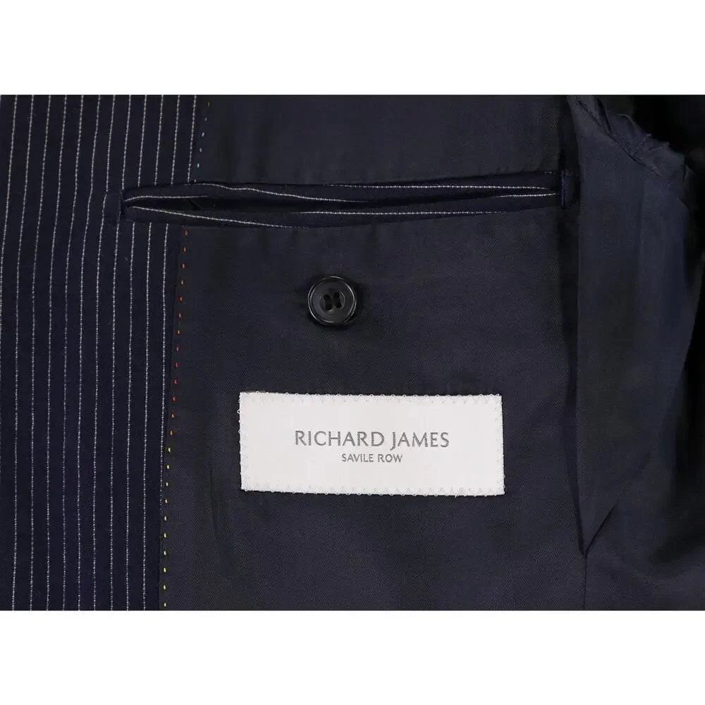 Richard James Savile Row Navy Blue Thin Striped British Wool 3/2 Lapel Suit 38R